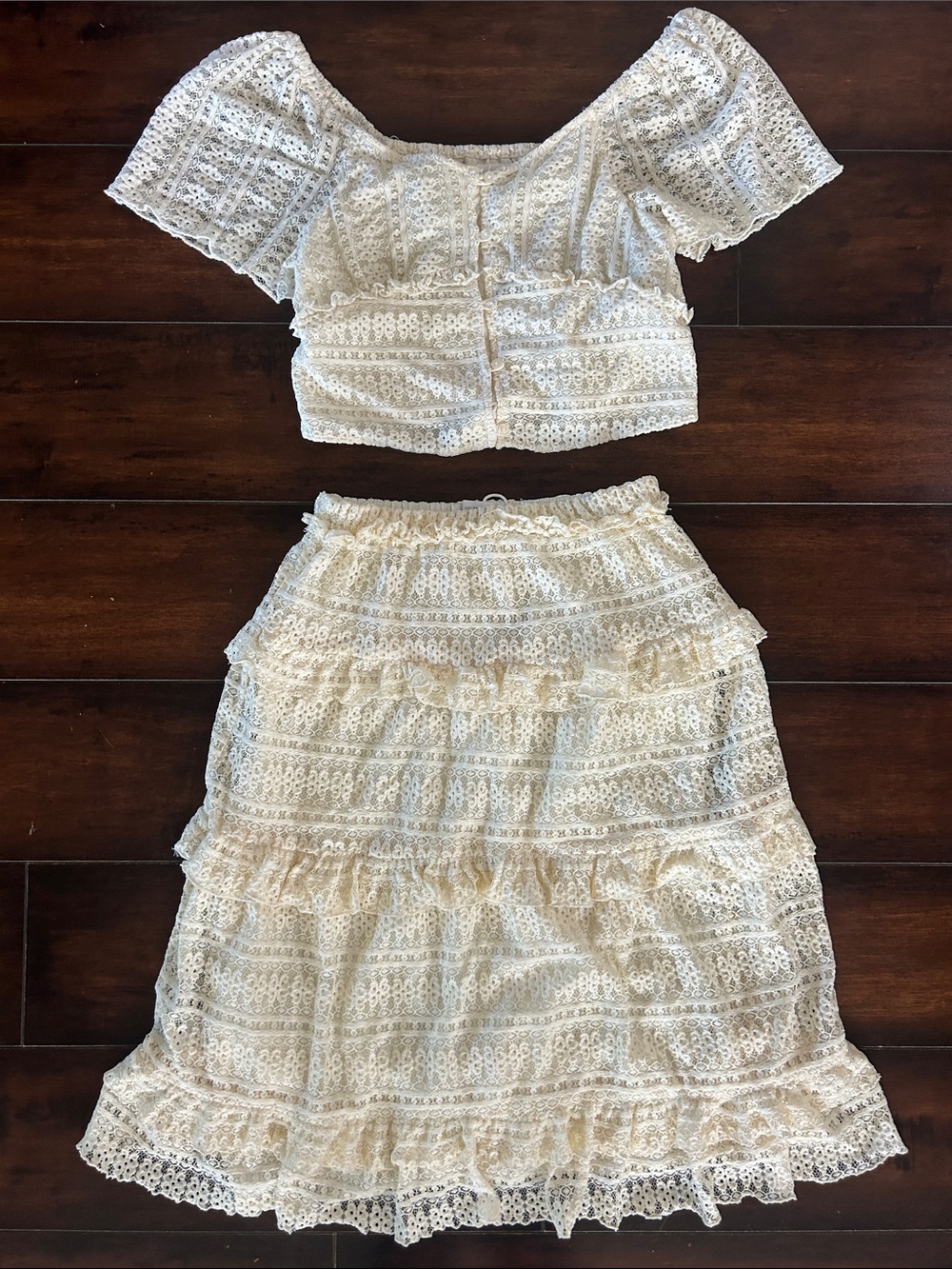 Zara Cream Lace Cropped Top and Skirt Set